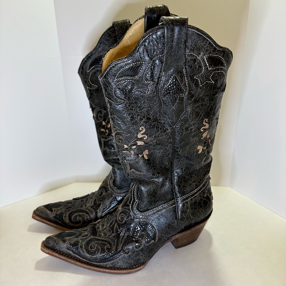 Corral Black Distressed Leather Lizard Inlay Western Boots Women Size 6.5M C2108